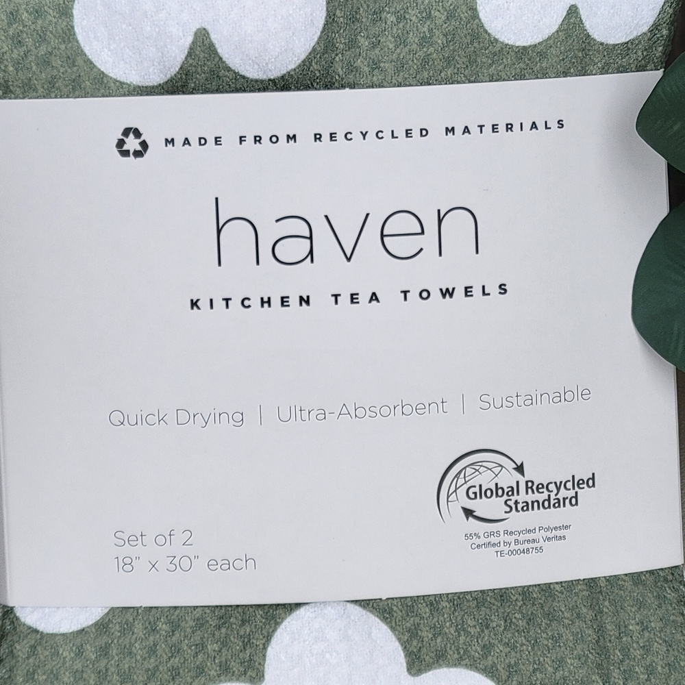 Haven QUICK DRY White Floral Green Tea Towels set of 2 - Picture 3 of 7